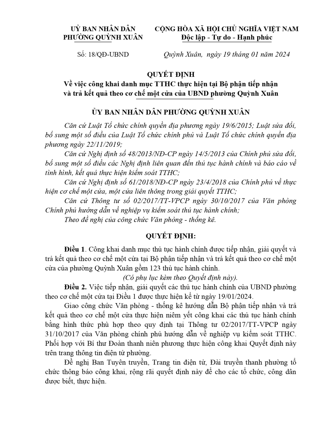 QĐ CÔNG KHAI THỦ TỤC HÀNH CHÍNH THUỘC THẨM QUYỀN GIẢI QUYẾT CẤP XÃ page 0001